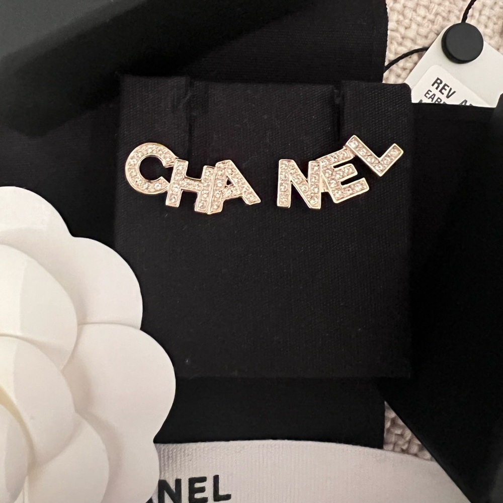 Chanel Letter Logo Stud CHA NEL Earrings Crystals Gold New Receipt
